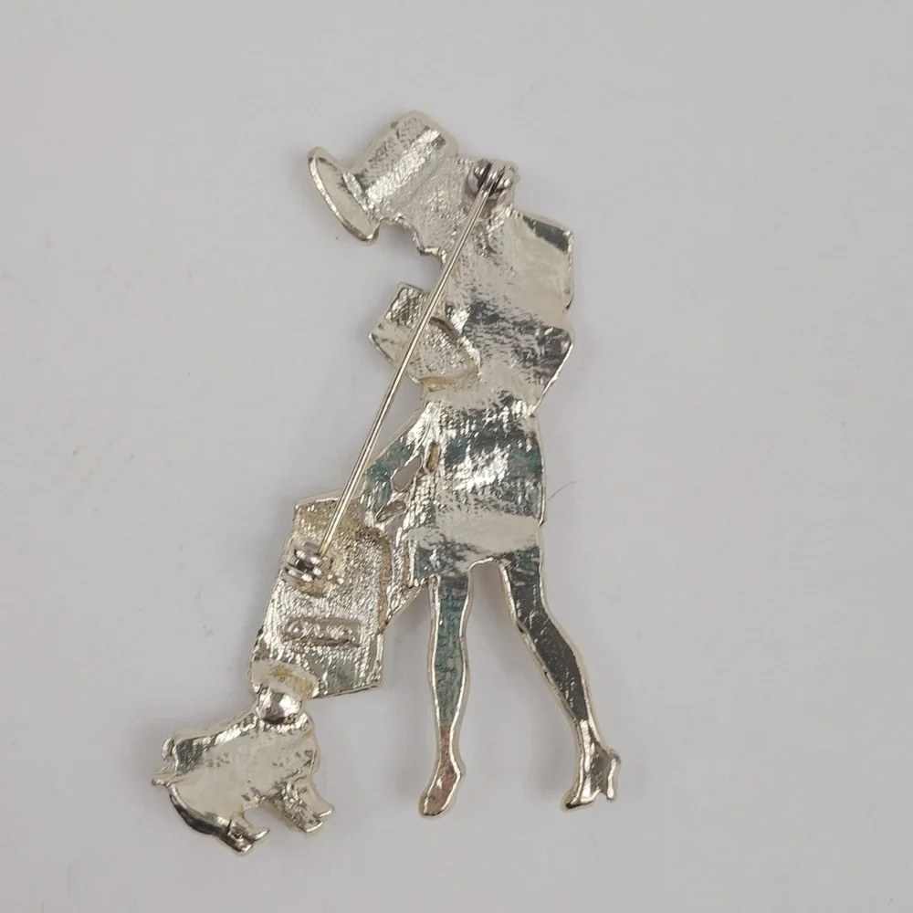 Vintage AJC Woman With Shopping Bags And Dog Brooch Pin